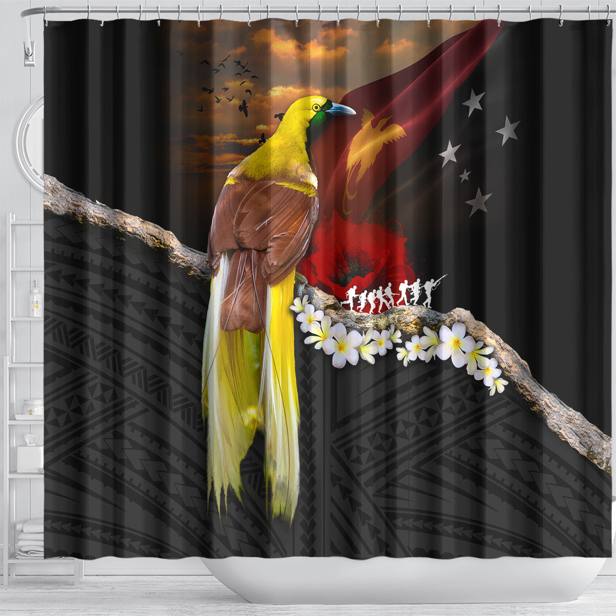 Papua New Guinea Remembrance Day Shower Curtain Bird of Paradise Plumeria Flower and Polynesian Pattern LT03 - Polynesian Pride
