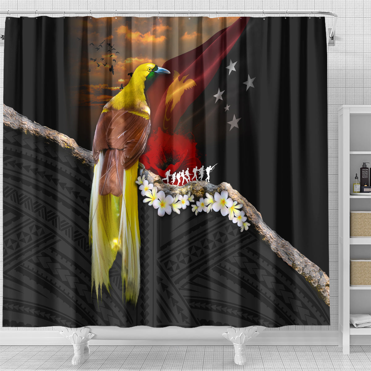 Papua New Guinea Remembrance Day Shower Curtain Bird of Paradise Plumeria Flower and Polynesian Pattern LT03 - Polynesian Pride