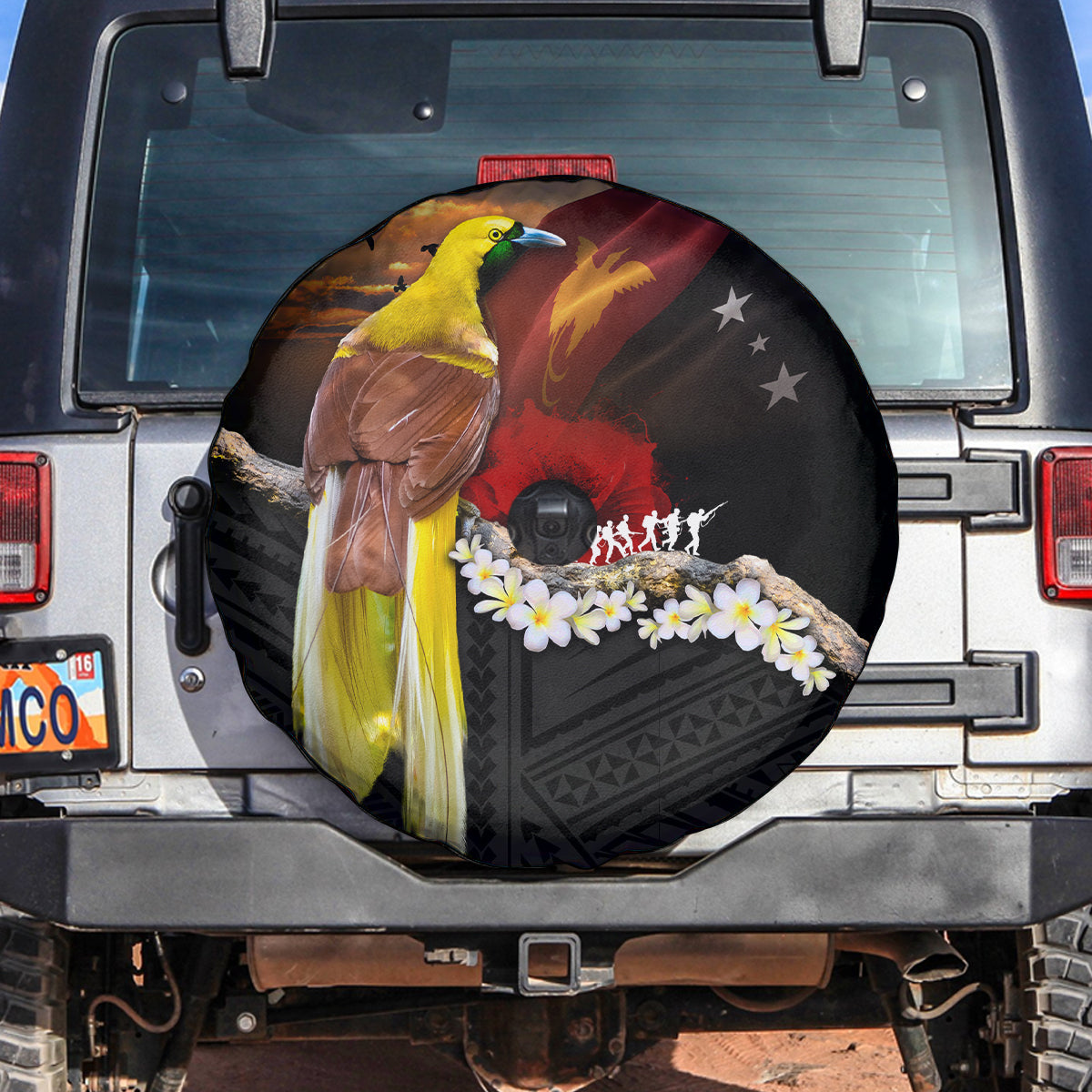 Papua New Guinea Remembrance Day Spare Tire Cover Bird of Paradise Plumeria Flower and Polynesian Pattern LT03 Black - Polynesian Pride