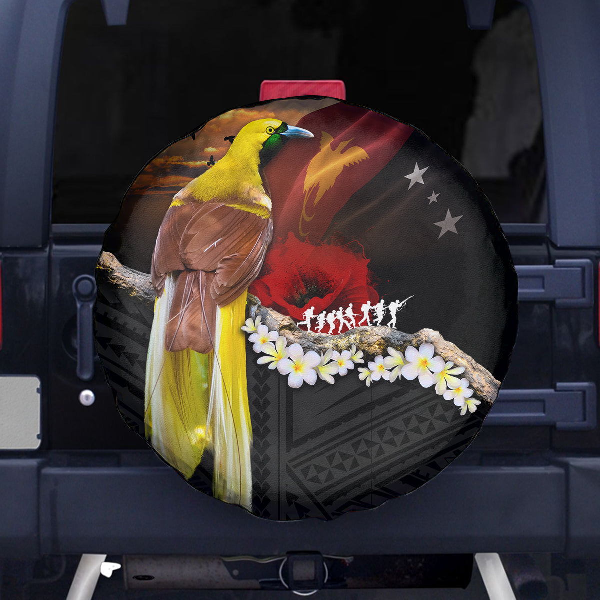 Papua New Guinea Remembrance Day Spare Tire Cover Bird of Paradise Plumeria Flower and Polynesian Pattern LT03 - Polynesian Pride
