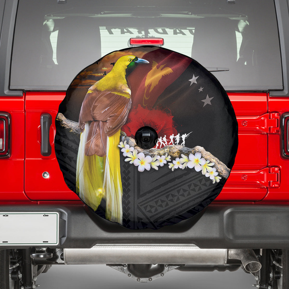 Papua New Guinea Remembrance Day Spare Tire Cover Bird of Paradise Plumeria Flower and Polynesian Pattern LT03 - Polynesian Pride
