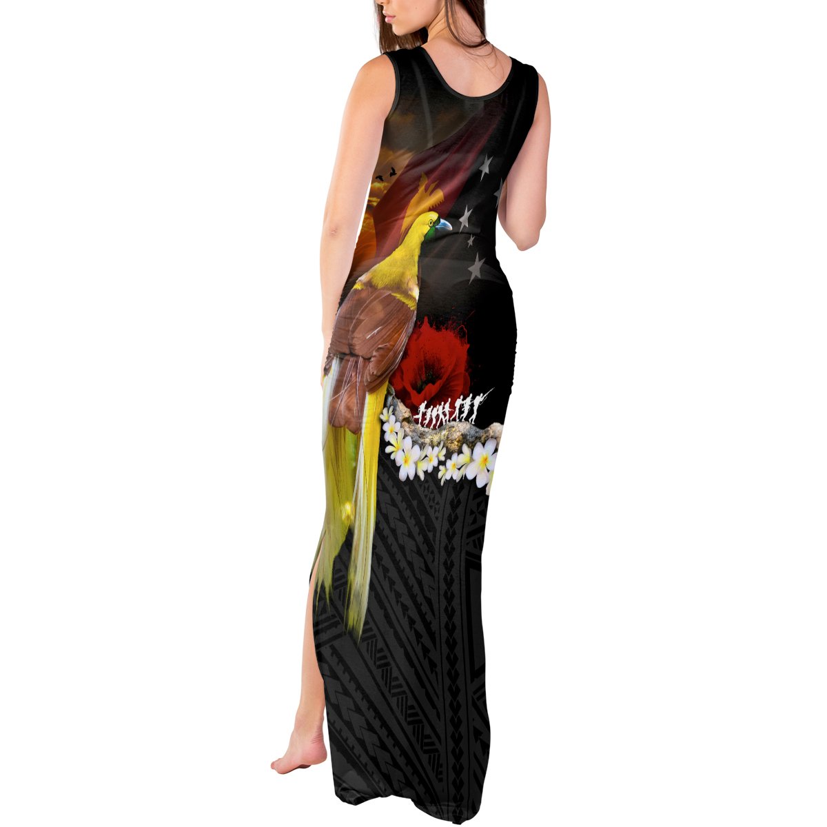 Papua New Guinea Remembrance Day Tank Maxi Dress Bird of Paradise Plumeria Flower and Polynesian Pattern LT03 - Polynesian Pride