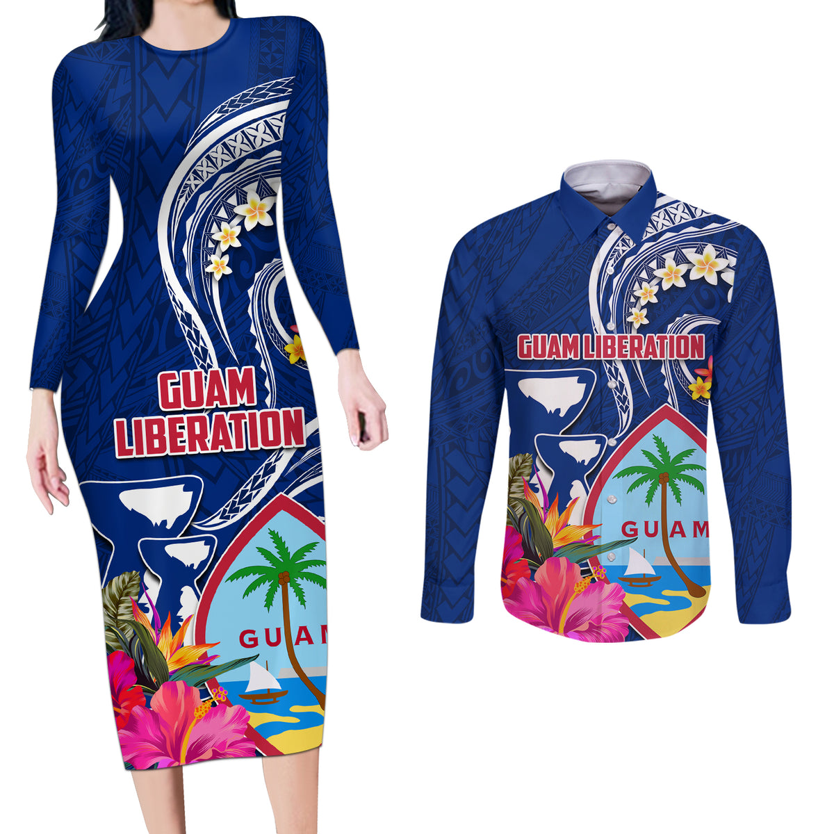 Personalised Guam Liberation Couples Matching Long Sleeve Bodycon Dress and Long Sleeve Button Shirt Latte Stone and Guahan Seal Jungle Flower LT03 Blue - Polynesian Pride