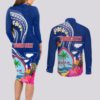 Personalised Guam Liberation Couples Matching Long Sleeve Bodycon Dress and Long Sleeve Button Shirt Latte Stone and Guahan Seal Jungle Flower LT03 - Polynesian Pride