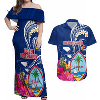 Personalised Guam Liberation Couples Matching Off Shoulder Maxi Dress and Hawaiian Shirt Latte Stone and Guahan Seal Jungle Flower LT03 Blue - Polynesian Pride