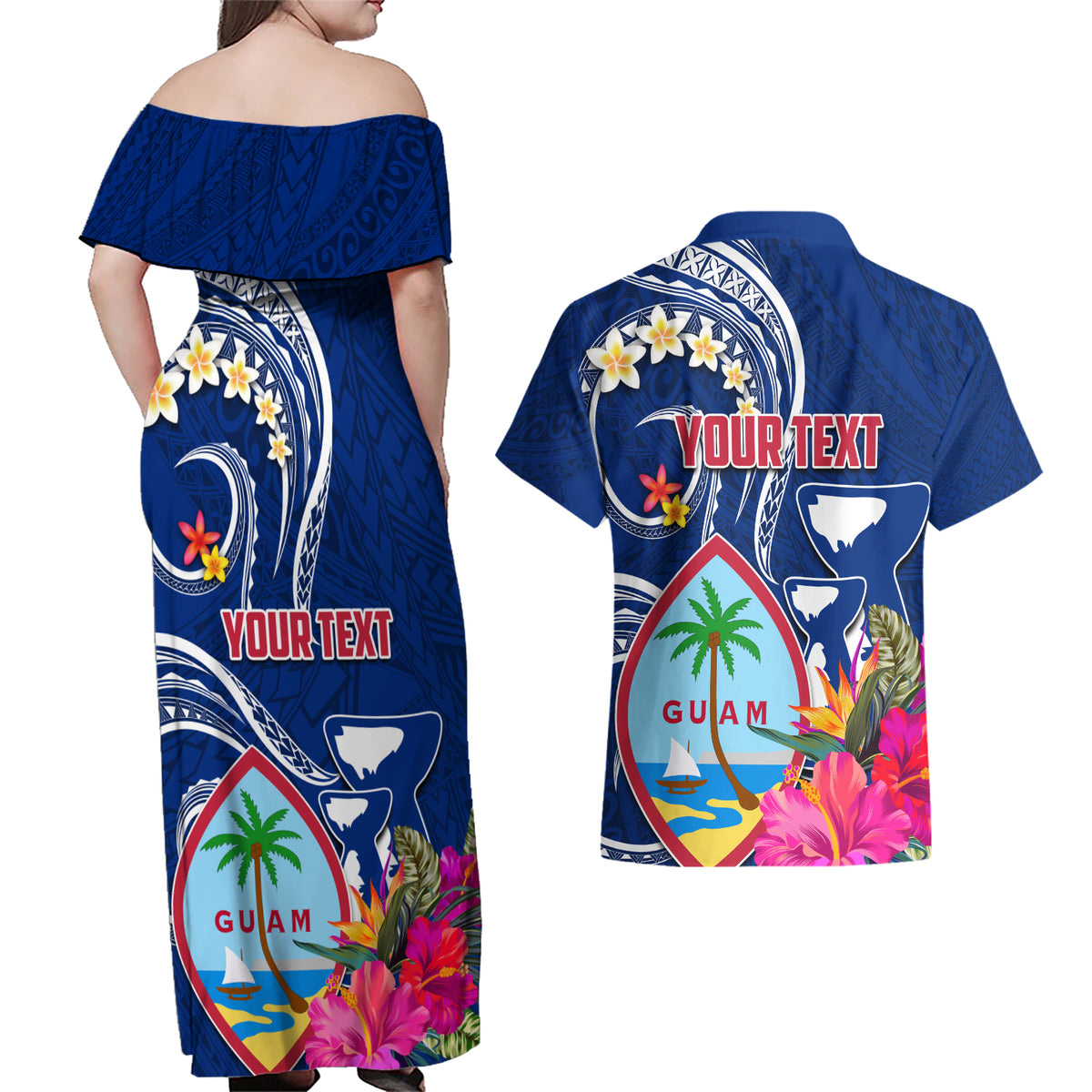 Personalised Guam Liberation Couples Matching Off Shoulder Maxi Dress and Hawaiian Shirt Latte Stone and Guahan Seal Jungle Flower LT03 - Polynesian Pride