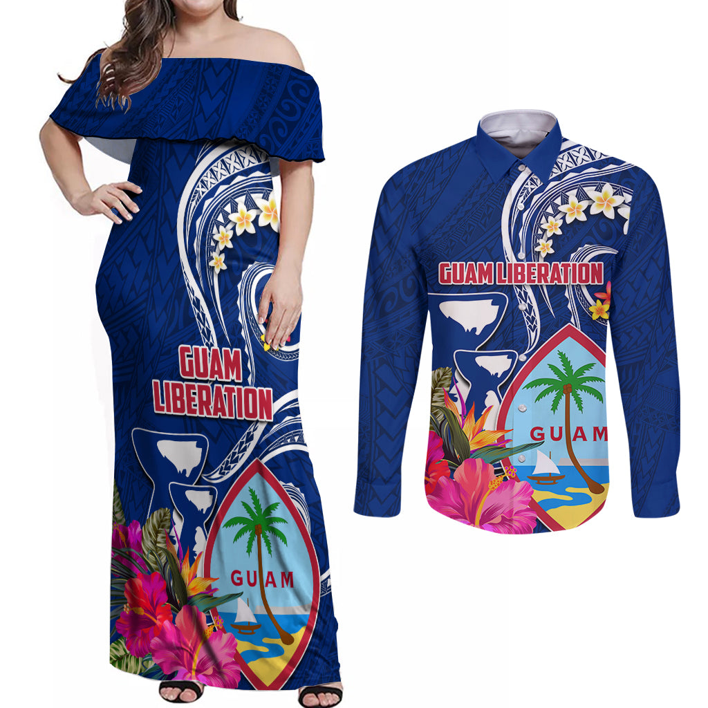 Personalised Guam Liberation Couples Matching Off Shoulder Maxi Dress and Long Sleeve Button Shirt Latte Stone and Guahan Seal Jungle Flower LT03 Blue - Polynesian Pride