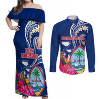Personalised Guam Liberation Couples Matching Off Shoulder Maxi Dress and Long Sleeve Button Shirt Latte Stone and Guahan Seal Jungle Flower LT03 Blue - Polynesian Pride