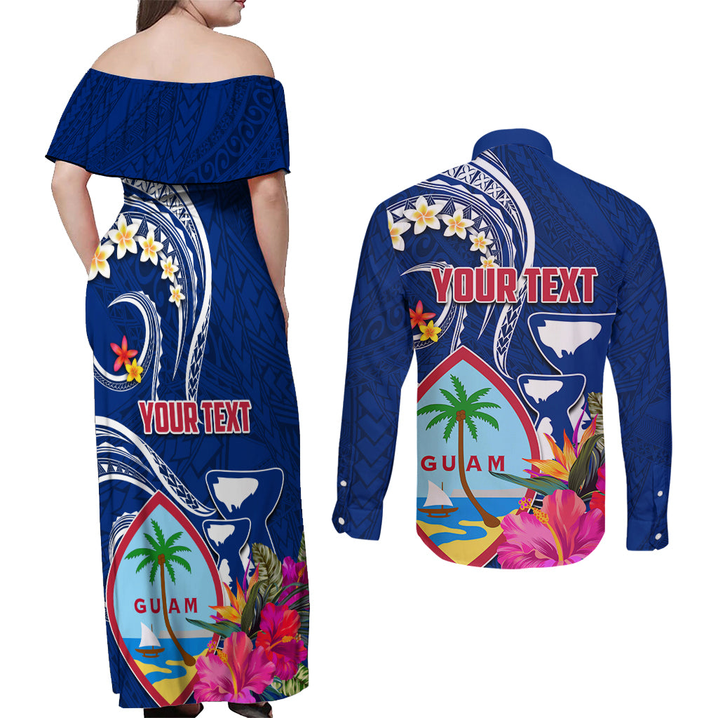 Personalised Guam Liberation Couples Matching Off Shoulder Maxi Dress and Long Sleeve Button Shirt Latte Stone and Guahan Seal Jungle Flower LT03 - Polynesian Pride