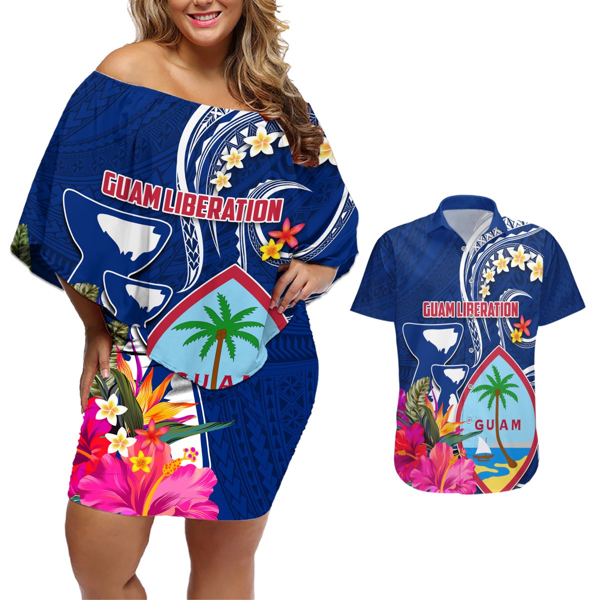 Personalised Guam Liberation Couples Matching Off Shoulder Short Dress and Hawaiian Shirt Latte Stone and Guahan Seal Jungle Flower LT03 Blue - Polynesian Pride