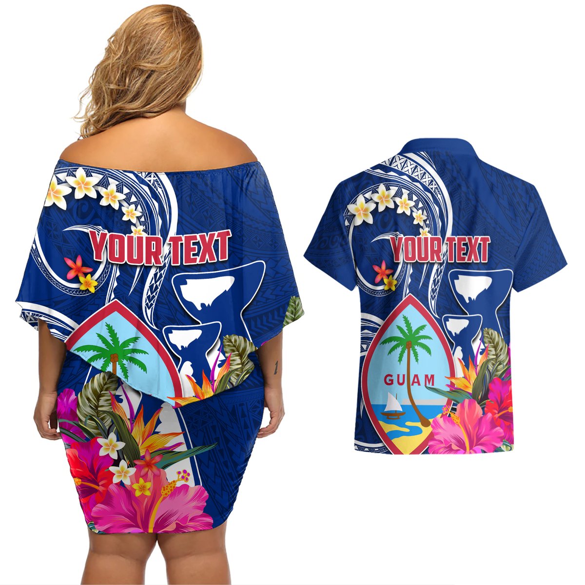 Personalised Guam Liberation Couples Matching Off Shoulder Short Dress and Hawaiian Shirt Latte Stone and Guahan Seal Jungle Flower LT03 - Polynesian Pride