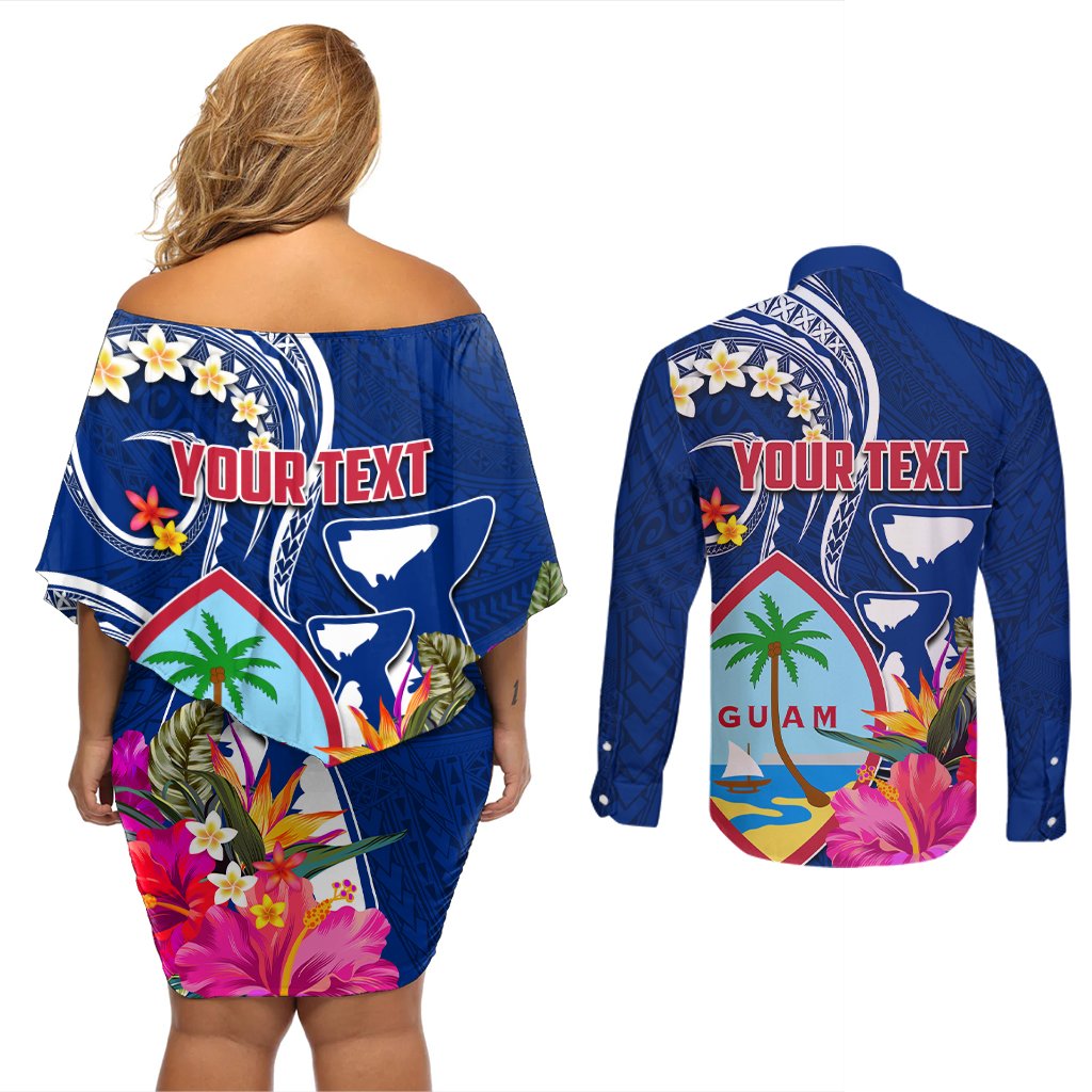 Personalised Guam Liberation Couples Matching Off Shoulder Short Dress and Long Sleeve Button Shirt Latte Stone and Guahan Seal Jungle Flower LT03 - Polynesian Pride