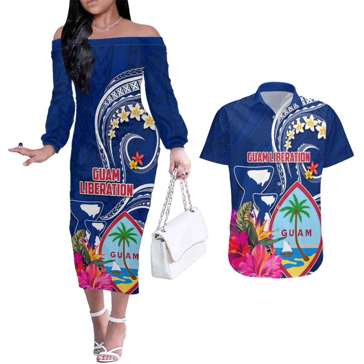 Personalised Guam Liberation Couples Matching Off The Shoulder Long Sleeve Dress and Hawaiian Shirt Latte Stone and Guahan Seal Jungle Flower LT03 Blue - Polynesian Pride