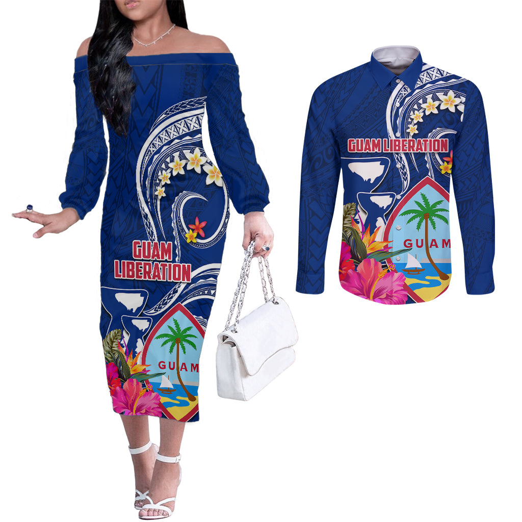 Personalised Guam Liberation Couples Matching Off The Shoulder Long Sleeve Dress and Long Sleeve Button Shirt Latte Stone and Guahan Seal Jungle Flower LT03 Blue - Polynesian Pride