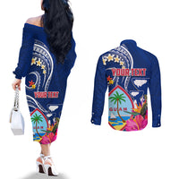 Personalised Guam Liberation Couples Matching Off The Shoulder Long Sleeve Dress and Long Sleeve Button Shirt Latte Stone and Guahan Seal Jungle Flower LT03 - Polynesian Pride