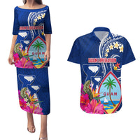 Personalised Guam Liberation Couples Matching Puletasi and Hawaiian Shirt Latte Stone and Guahan Seal Jungle Flower LT03 Blue - Polynesian Pride