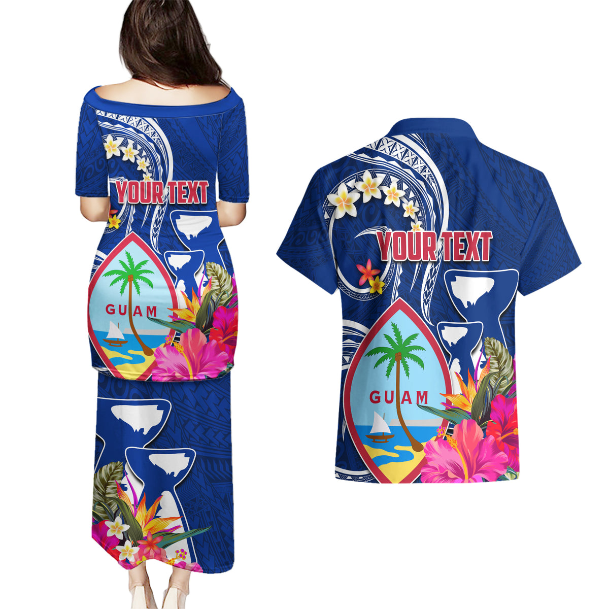 Personalised Guam Liberation Couples Matching Puletasi and Hawaiian Shirt Latte Stone and Guahan Seal Jungle Flower LT03 - Polynesian Pride