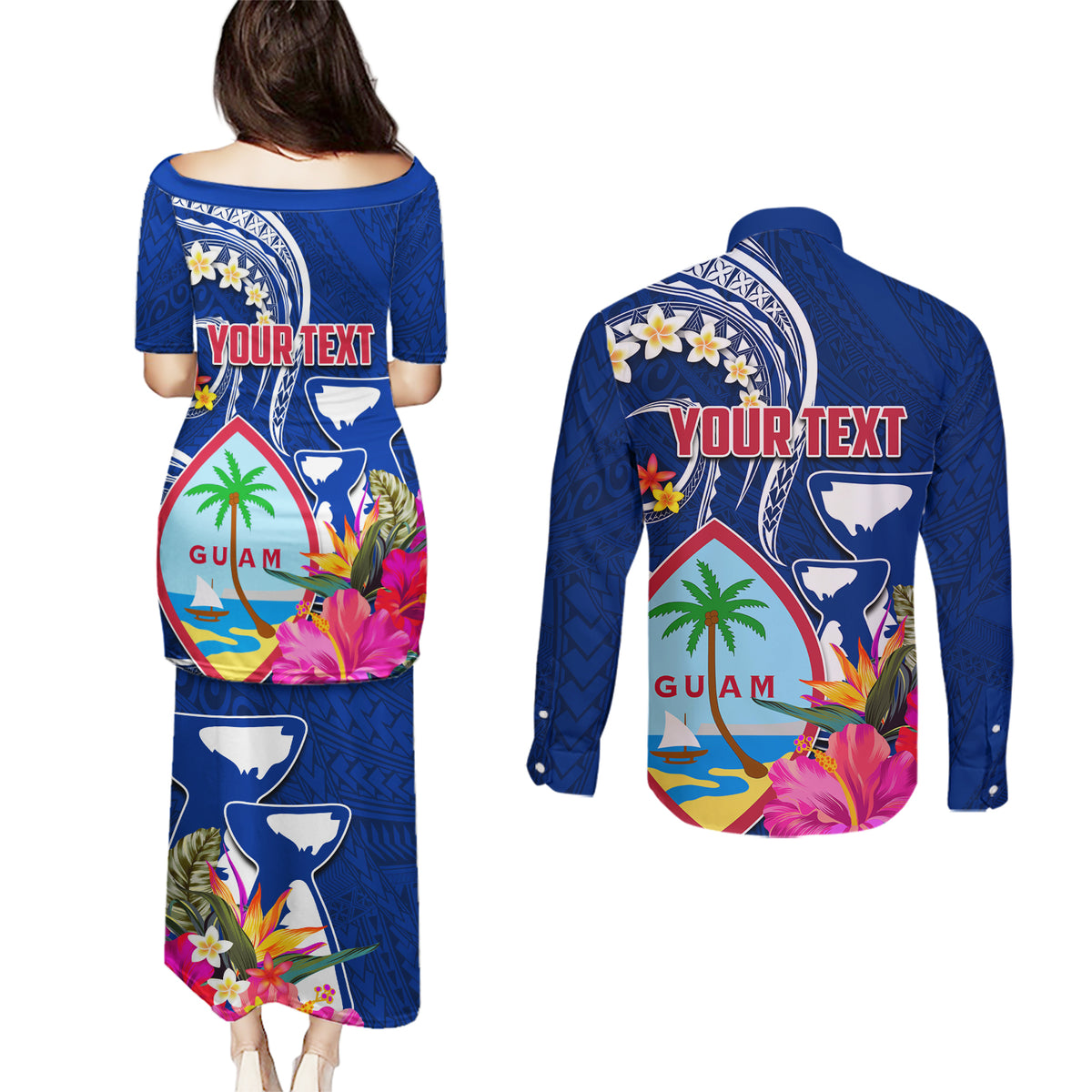 Personalised Guam Liberation Couples Matching Puletasi and Long Sleeve Button Shirt Latte Stone and Guahan Seal Jungle Flower LT03 - Polynesian Pride