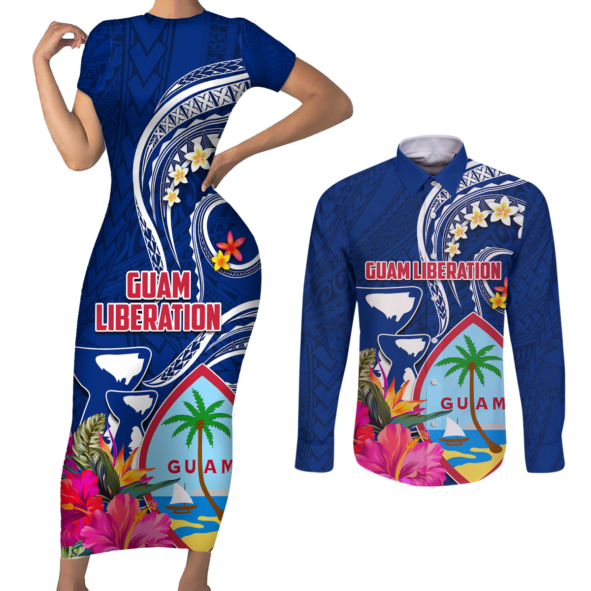 Personalised Guam Liberation Couples Matching Short Sleeve Bodycon Dress and Long Sleeve Button Shirt Latte Stone and Guahan Seal Jungle Flower LT03 Blue - Polynesian Pride
