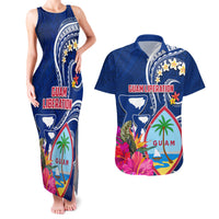 Personalised Guam Liberation Couples Matching Tank Maxi Dress and Hawaiian Shirt Latte Stone and Guahan Seal Jungle Flower LT03 Blue - Polynesian Pride