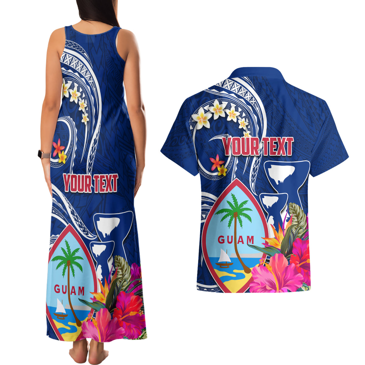Personalised Guam Liberation Couples Matching Tank Maxi Dress and Hawaiian Shirt Latte Stone and Guahan Seal Jungle Flower LT03 - Polynesian Pride