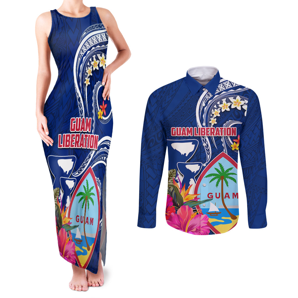 Personalised Guam Liberation Couples Matching Tank Maxi Dress and Long Sleeve Button Shirt Latte Stone and Guahan Seal Jungle Flower LT03 Blue - Polynesian Pride