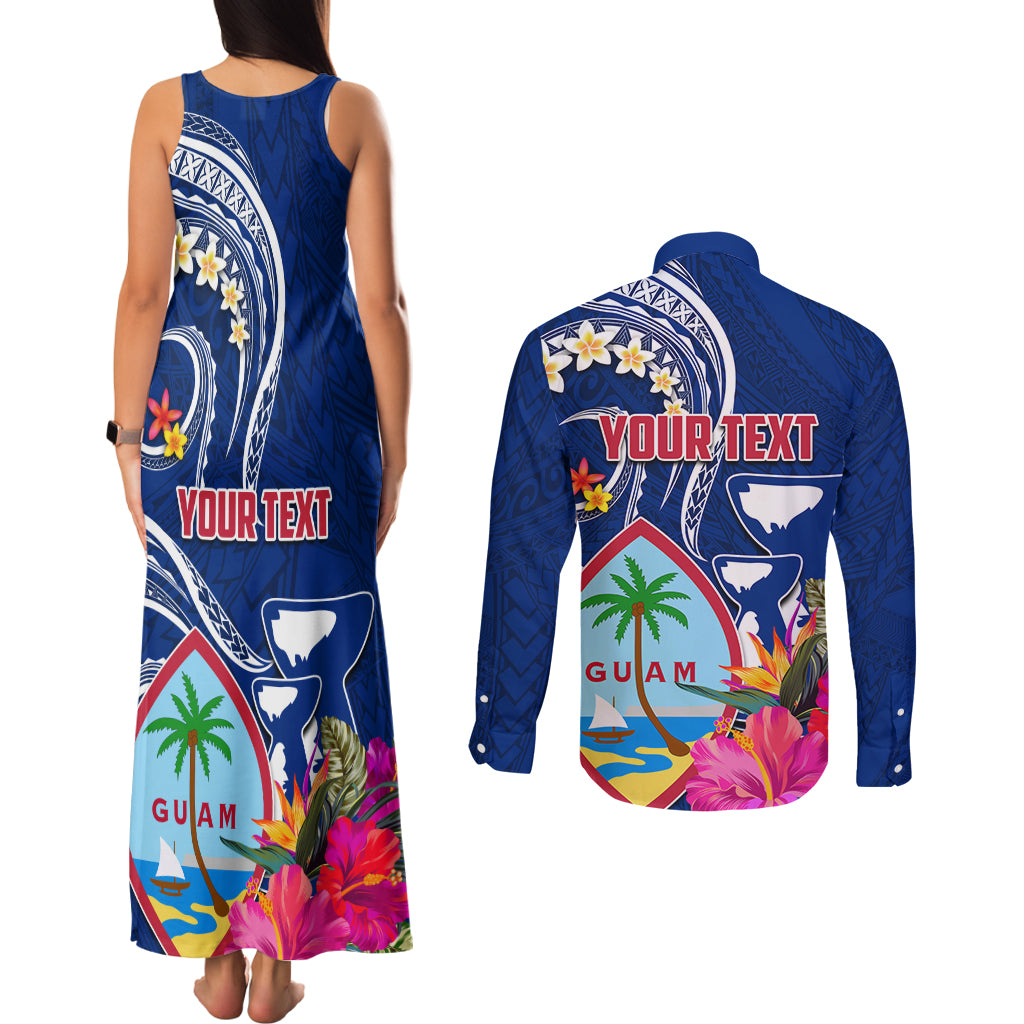 Personalised Guam Liberation Couples Matching Tank Maxi Dress and Long Sleeve Button Shirt Latte Stone and Guahan Seal Jungle Flower LT03 - Polynesian Pride
