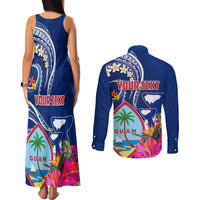 Personalised Guam Liberation Couples Matching Tank Maxi Dress and Long Sleeve Button Shirt Latte Stone and Guahan Seal Jungle Flower LT03 - Polynesian Pride