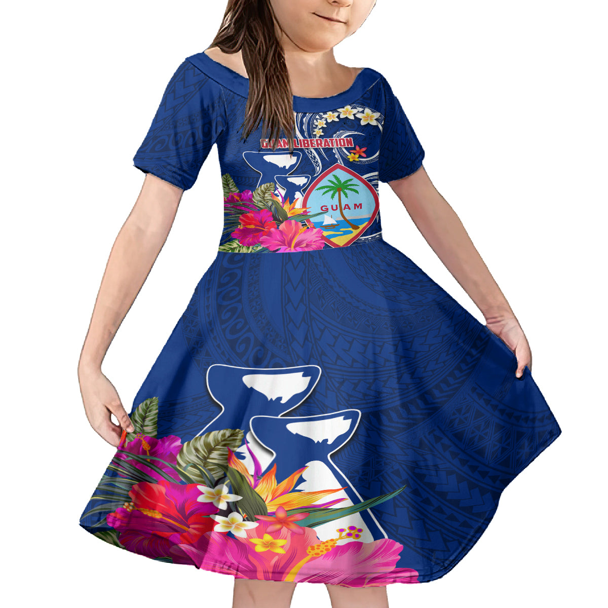Personalised Guam Liberation Family Matching Long Sleeve Bodycon Dress and Hawaiian Shirt Latte Stone and Guahan Seal Jungle Flower LT03 Daughter's Dress Blue - Polynesian Pride