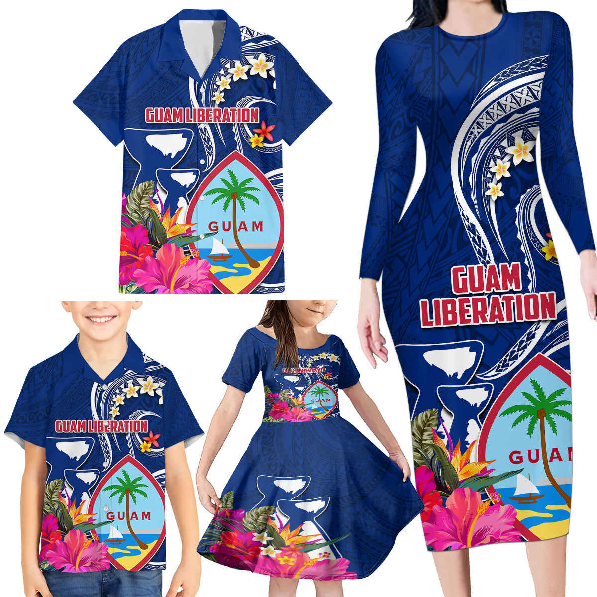Personalised Guam Liberation Family Matching Long Sleeve Bodycon Dress and Hawaiian Shirt Latte Stone and Guahan Seal Jungle Flower LT03 - Polynesian Pride