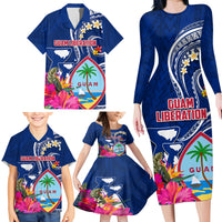 Personalised Guam Liberation Family Matching Long Sleeve Bodycon Dress and Hawaiian Shirt Latte Stone and Guahan Seal Jungle Flower LT03 - Polynesian Pride
