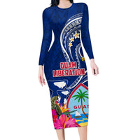 Personalised Guam Liberation Family Matching Long Sleeve Bodycon Dress and Hawaiian Shirt Latte Stone and Guahan Seal Jungle Flower LT03 Mom's Dress Blue - Polynesian Pride