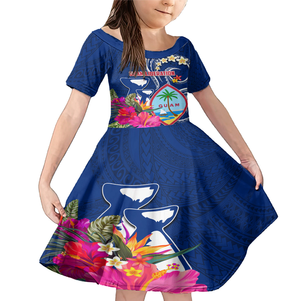 Personalised Guam Liberation Family Matching Mermaid Dress and Hawaiian Shirt Latte Stone and Guahan Seal Jungle Flower LT03 Daughter's Dress Blue - Polynesian Pride