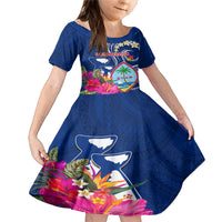 Personalised Guam Liberation Family Matching Mermaid Dress and Hawaiian Shirt Latte Stone and Guahan Seal Jungle Flower LT03 Daughter's Dress Blue - Polynesian Pride