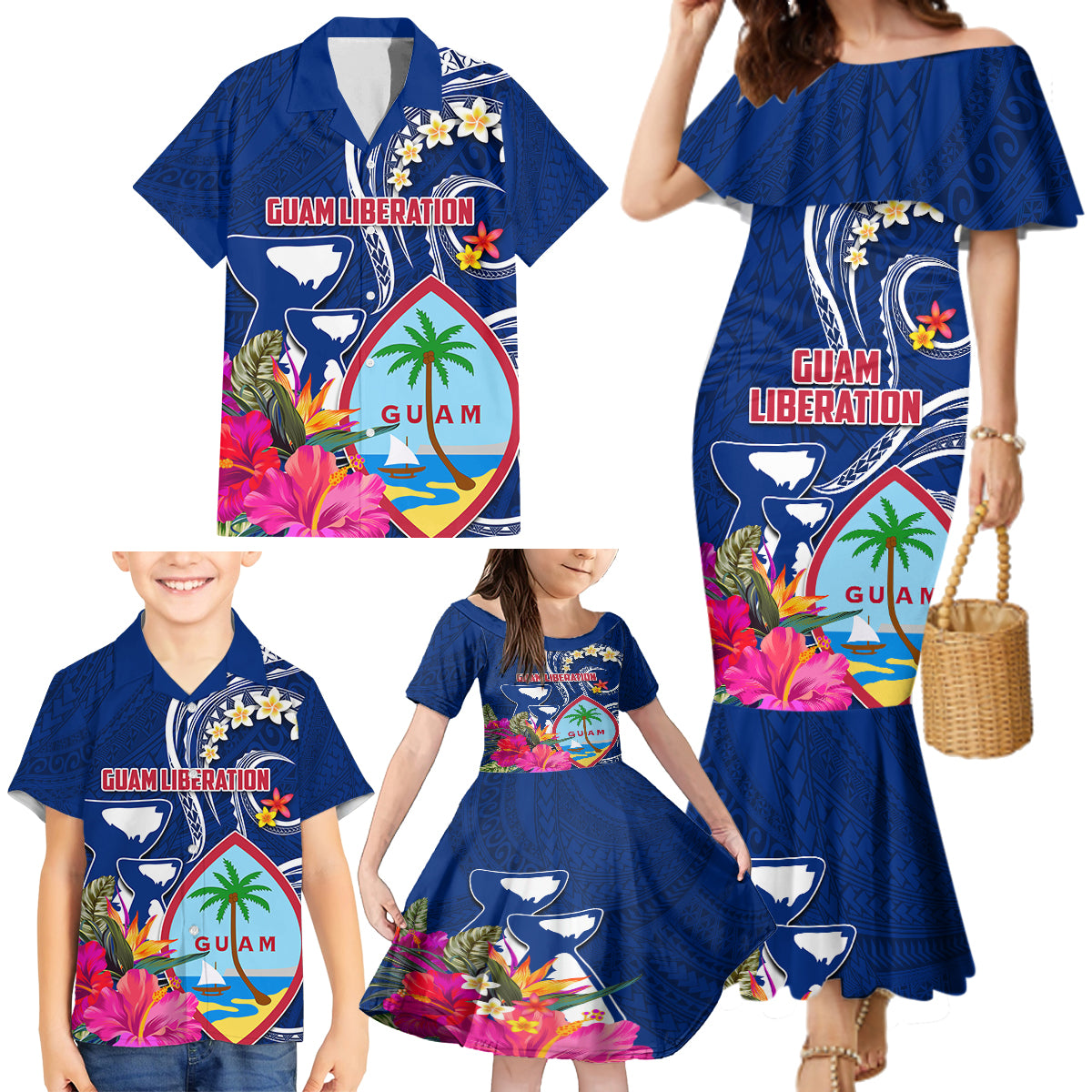 Personalised Guam Liberation Family Matching Mermaid Dress and Hawaiian Shirt Latte Stone and Guahan Seal Jungle Flower LT03 - Polynesian Pride