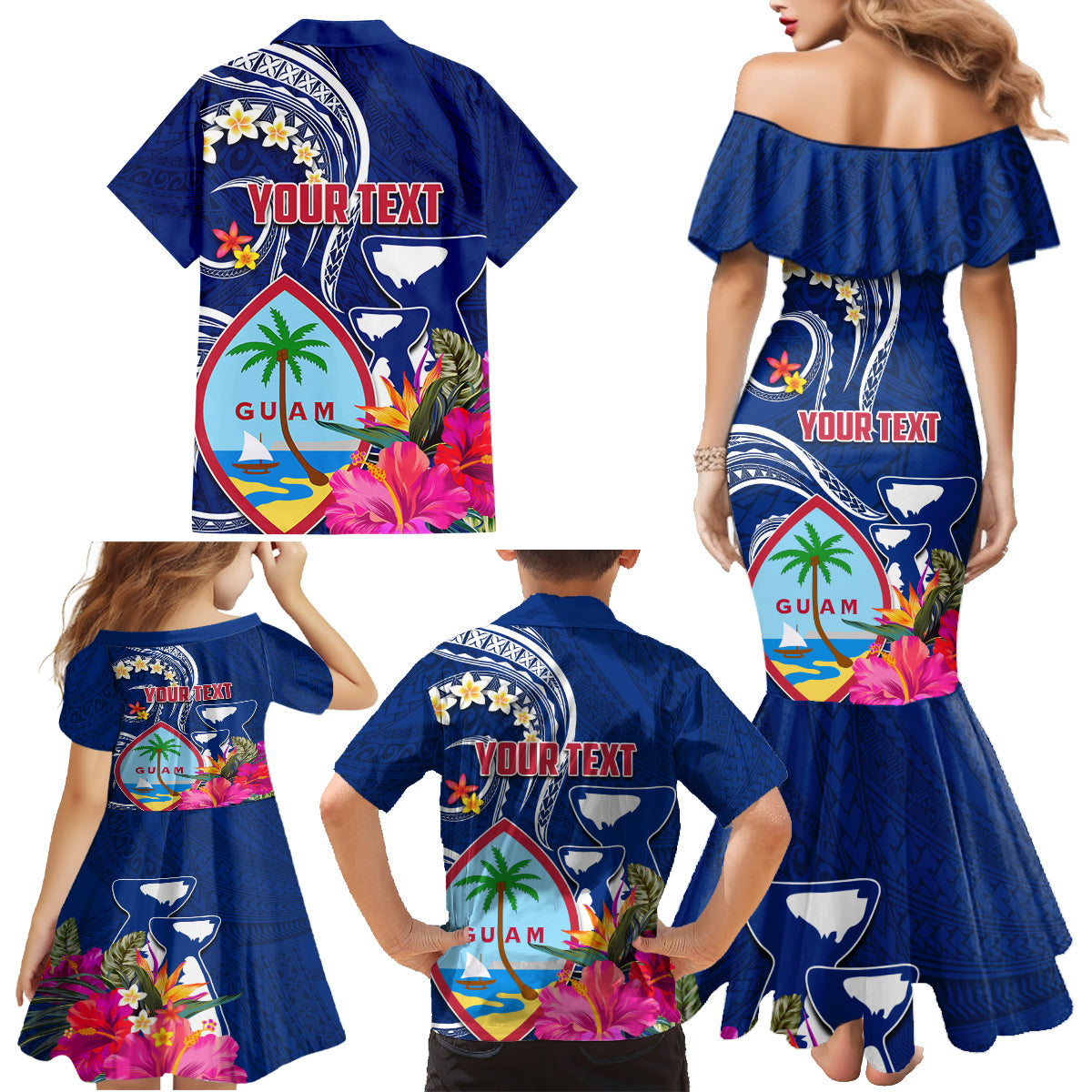 Personalised Guam Liberation Family Matching Mermaid Dress and Hawaiian Shirt Latte Stone and Guahan Seal Jungle Flower LT03 - Polynesian Pride