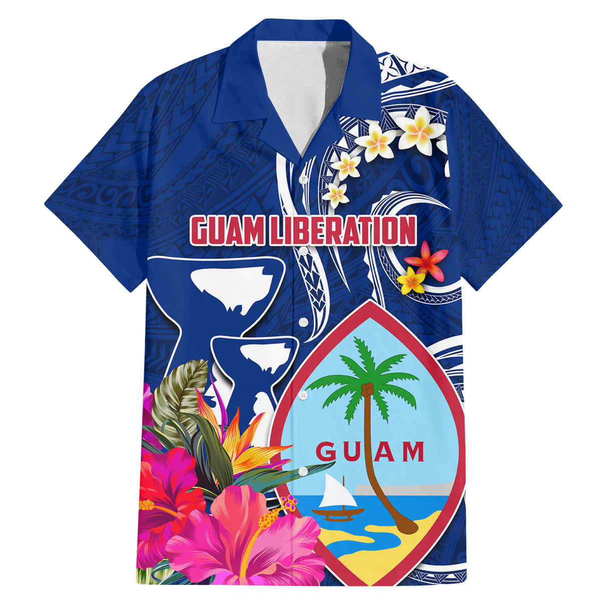 Personalised Guam Liberation Family Matching Mermaid Dress and Hawaiian Shirt Latte Stone and Guahan Seal Jungle Flower LT03 Dad's Shirt - Short Sleeve Blue - Polynesian Pride