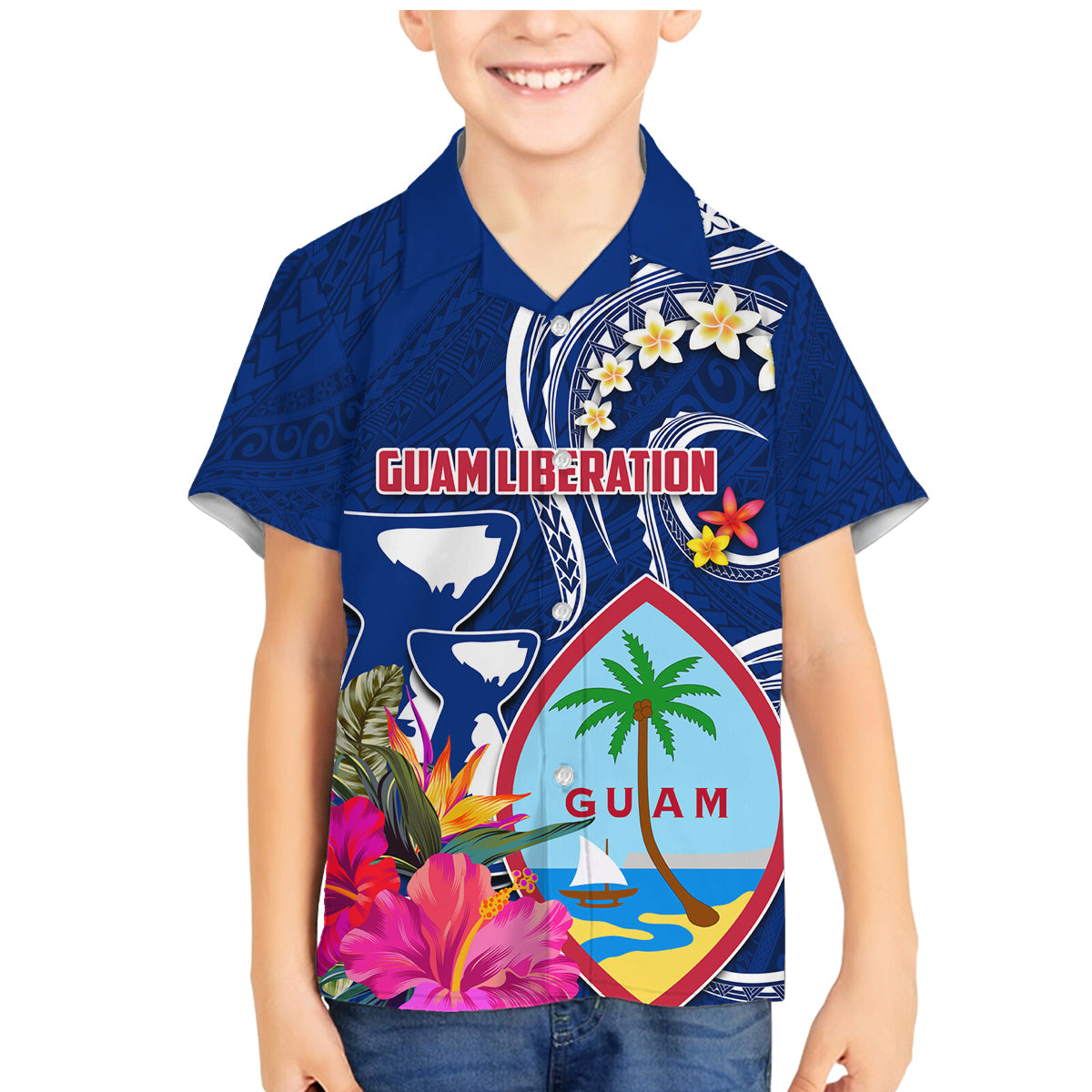 Personalised Guam Liberation Family Matching Mermaid Dress and Hawaiian Shirt Latte Stone and Guahan Seal Jungle Flower LT03 Son's Shirt Blue - Polynesian Pride