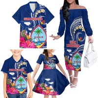 Personalised Guam Liberation Family Matching Off The Shoulder Long Sleeve Dress and Hawaiian Shirt Latte Stone and Guahan Seal Jungle Flower LT03 - Polynesian Pride