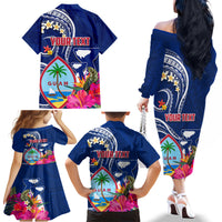 Personalised Guam Liberation Family Matching Off The Shoulder Long Sleeve Dress and Hawaiian Shirt Latte Stone and Guahan Seal Jungle Flower LT03 - Polynesian Pride