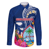 Personalised Guam Liberation Family Matching Off The Shoulder Long Sleeve Dress and Hawaiian Shirt Latte Stone and Guahan Seal Jungle Flower LT03 Dad's Shirt - Long Sleeve Blue - Polynesian Pride
