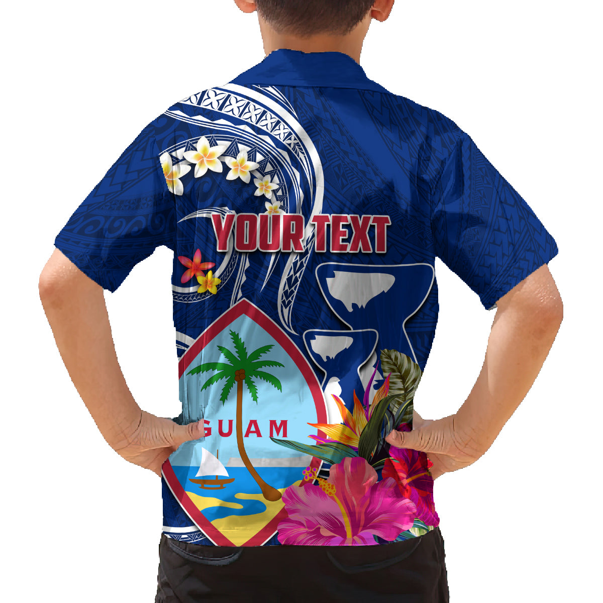 Personalised Guam Liberation Family Matching Off Shoulder Maxi Dress and Hawaiian Shirt Latte Stone and Guahan Seal Jungle Flower LT03 - Polynesian Pride
