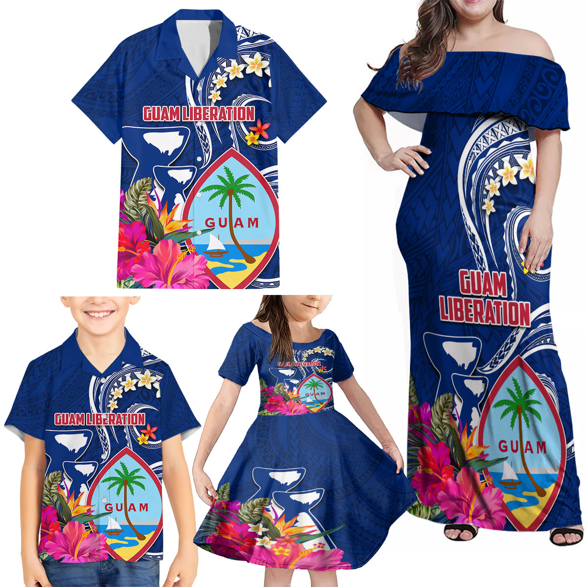 Personalised Guam Liberation Family Matching Off Shoulder Maxi Dress and Hawaiian Shirt Latte Stone and Guahan Seal Jungle Flower LT03 - Polynesian Pride