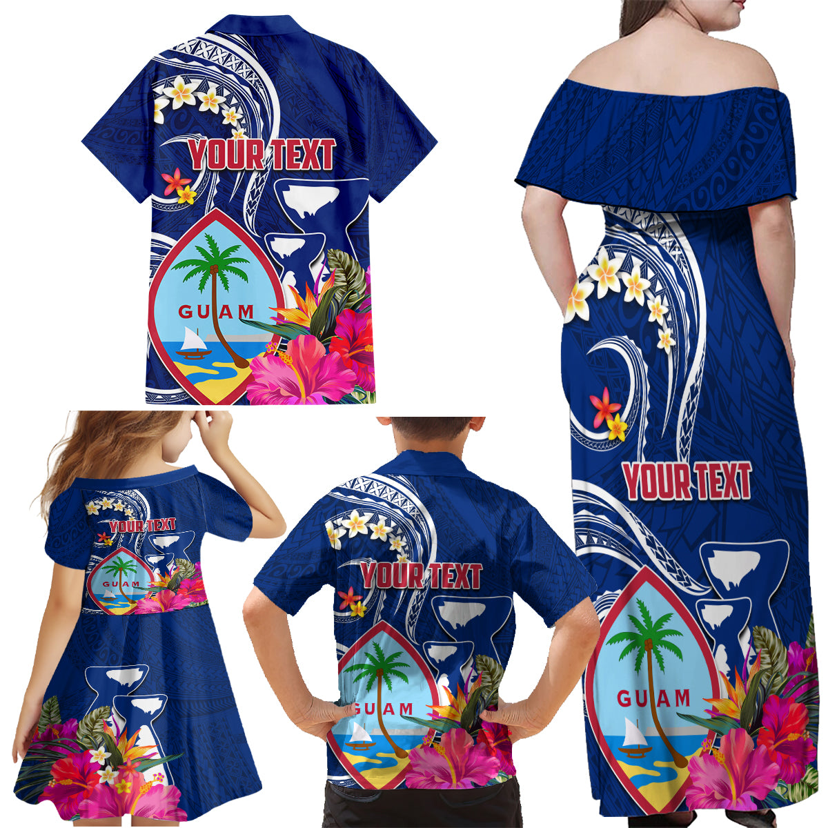 Personalised Guam Liberation Family Matching Off Shoulder Maxi Dress and Hawaiian Shirt Latte Stone and Guahan Seal Jungle Flower LT03 - Polynesian Pride