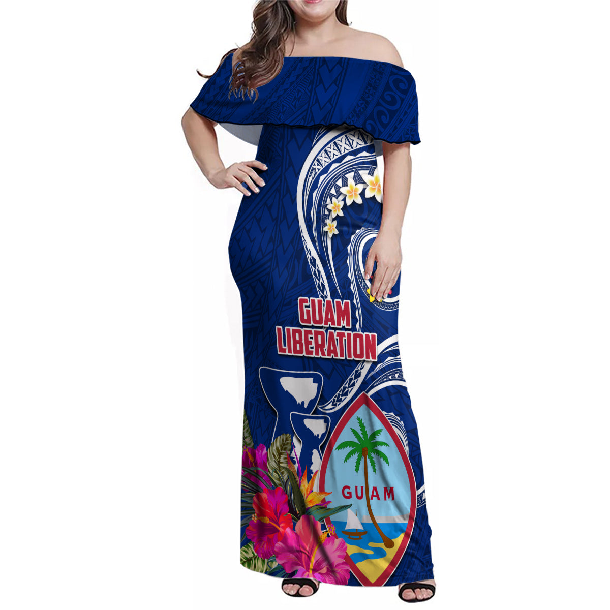 Personalised Guam Liberation Family Matching Off Shoulder Maxi Dress and Hawaiian Shirt Latte Stone and Guahan Seal Jungle Flower LT03 Mom's Dress Blue - Polynesian Pride