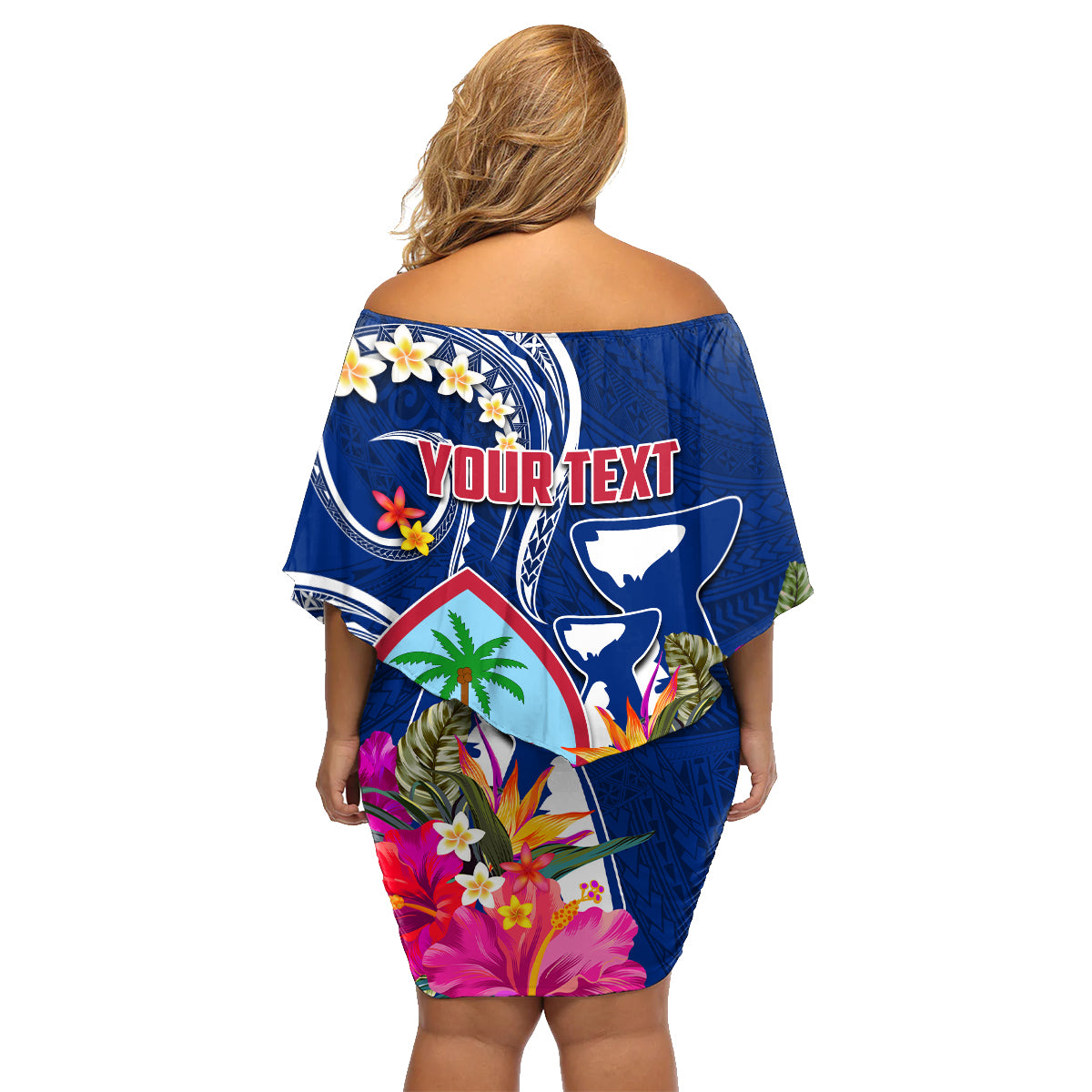 Personalised Guam Liberation Family Matching Off Shoulder Short Dress and Hawaiian Shirt Latte Stone and Guahan Seal Jungle Flower LT03 - Polynesian Pride