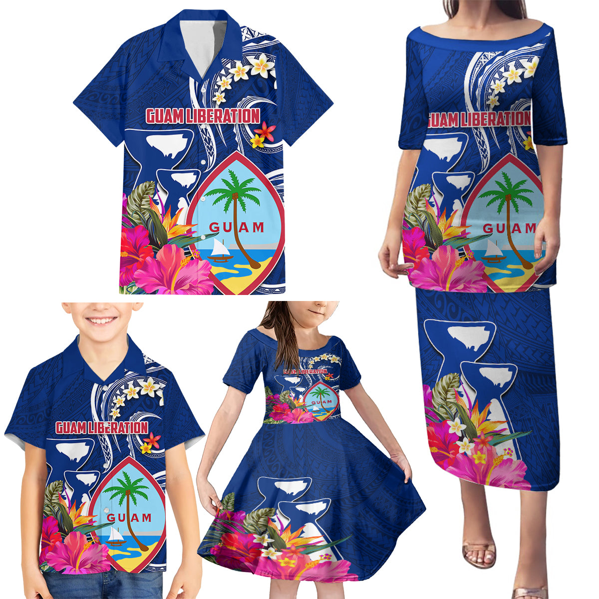 Personalised Guam Liberation Family Matching Puletasi and Hawaiian Shirt Latte Stone and Guahan Seal Jungle Flower LT03 - Polynesian Pride