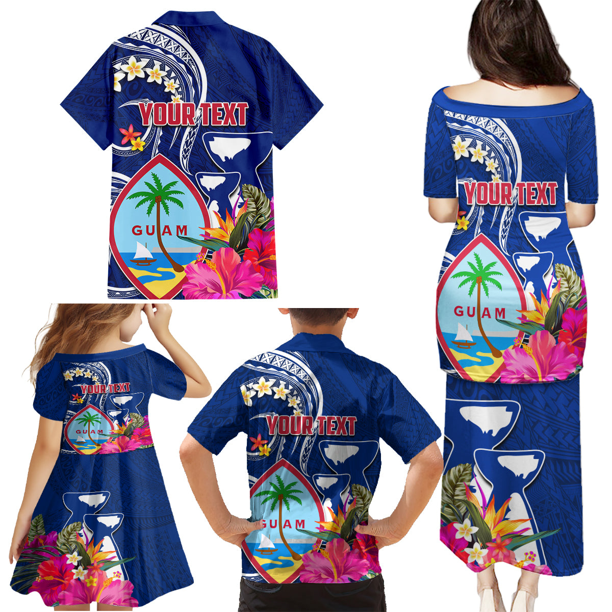 Personalised Guam Liberation Family Matching Puletasi and Hawaiian Shirt Latte Stone and Guahan Seal Jungle Flower LT03 - Polynesian Pride