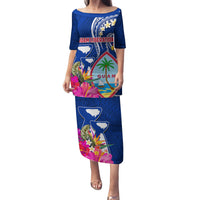 Personalised Guam Liberation Family Matching Puletasi and Hawaiian Shirt Latte Stone and Guahan Seal Jungle Flower LT03 Mom's Dress Blue - Polynesian Pride