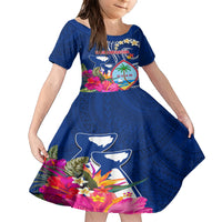 Personalised Guam Liberation Family Matching Short Sleeve Bodycon Dress and Hawaiian Shirt Latte Stone and Guahan Seal Jungle Flower LT03 Daughter's Dress Blue - Polynesian Pride